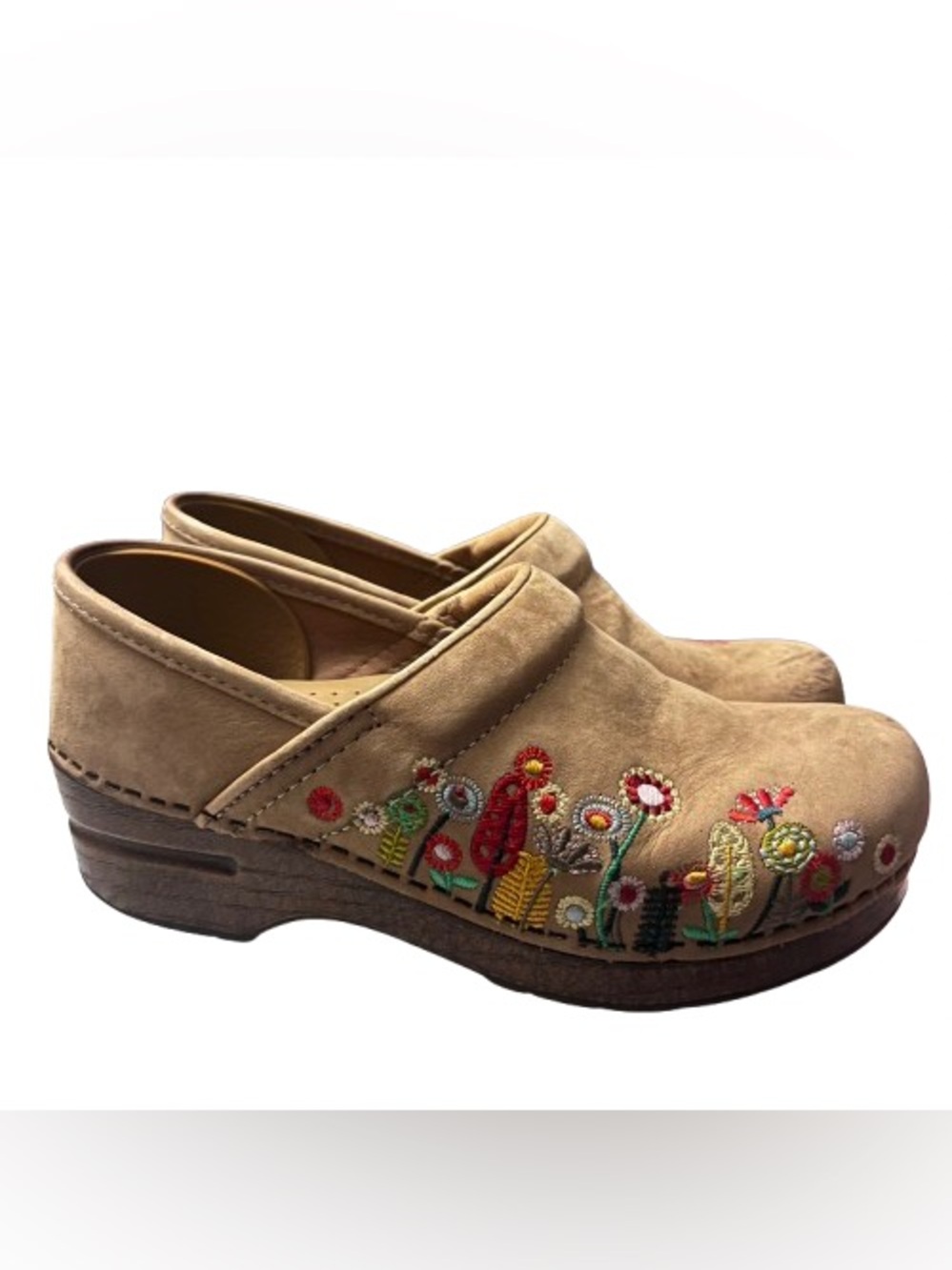 Dansko Professional Tan Floral Embroidered Clogs Size 36 Boho